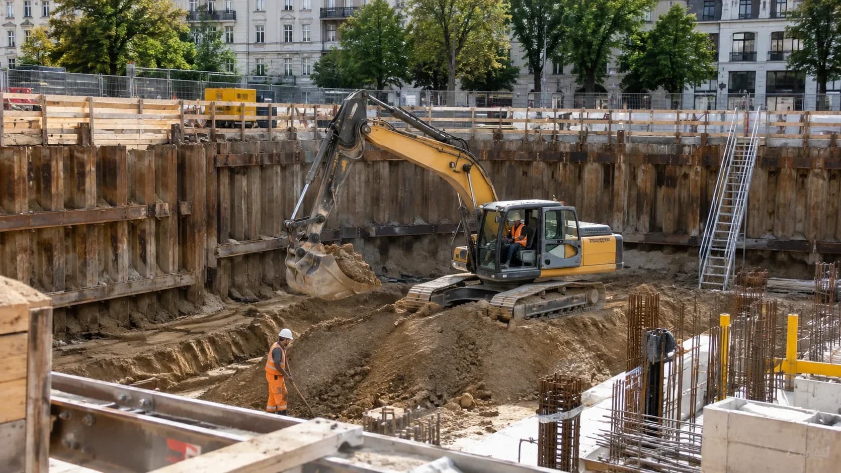 Bagger beim Aushub einer verbauten Baugrube in Berlin.
