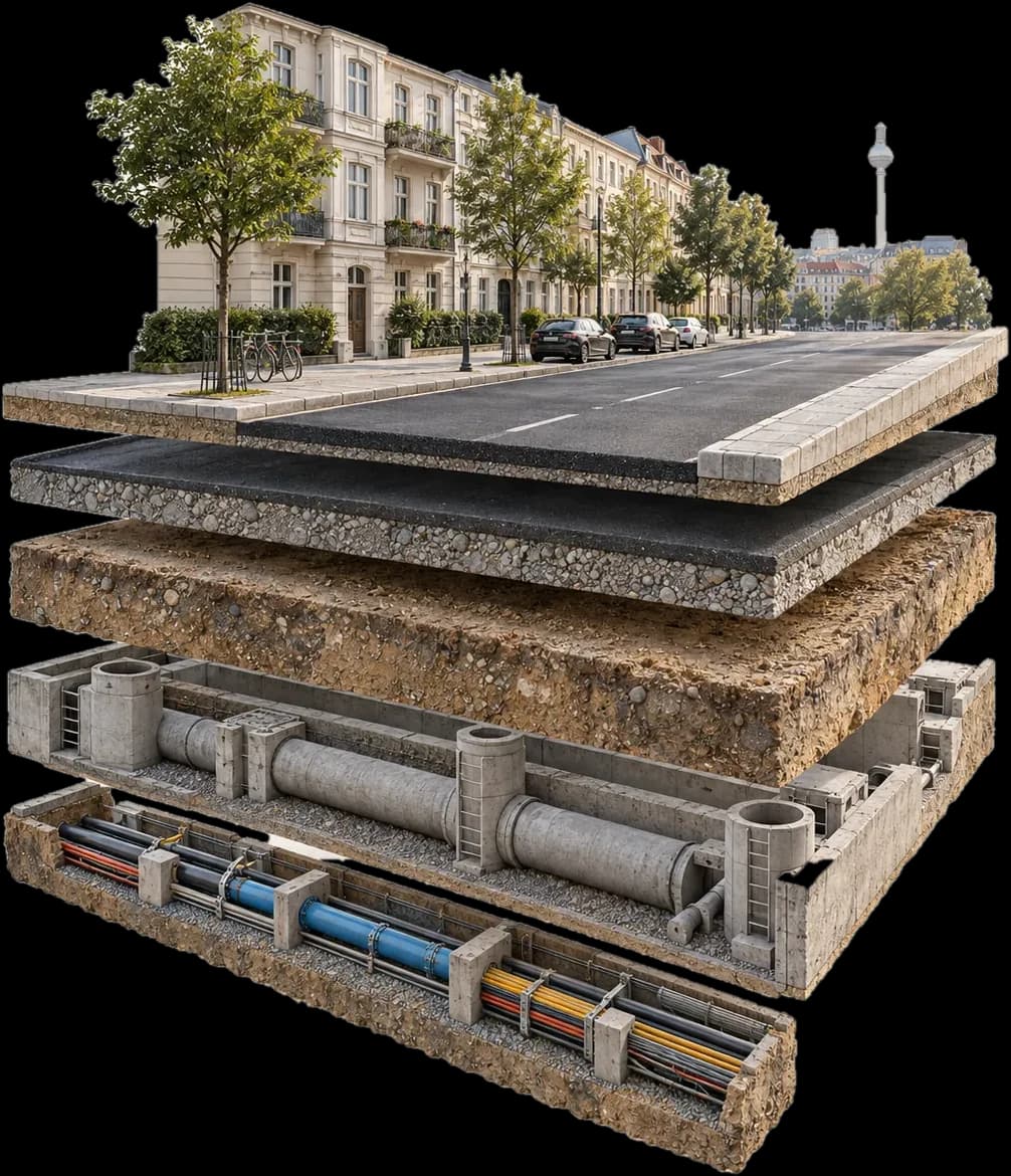 Querschnitt durch Berliner Straße und Untergrund: Oberfläche, Tragschicht, Boden, Kanal und Leitungen.